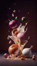 Group of Onions Vegetable Creatively Falling-Dripping Flying or Splashing on Black Background Generative AI