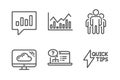 Group, Online help and Cloud storage icons set. Infochart, Analytical chat and Quickstart guide signs. Vector