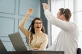 group of operator man and woman working with headset and laptop computer in a call centre . customer service help desk online. Royalty Free Stock Photo