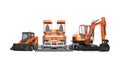 Group of orange heavy machinery bobcat excavator paver with bucket 3d render on white background no shadow