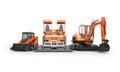 Group of orange heavy machinery bobcat excavator paver with bucket 3d render on white background with shadow