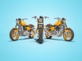 Group of orange motorcycles front view 3d render on blue background with shadow Royalty Free Stock Photo