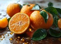 Group of Oranges on Table. Fresh and Colorful Citrus Fruit. Royalty Free Stock Photo