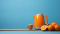 A group of oranges and a teapot on the table, AI Royalty Free Stock Photo