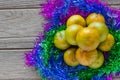 Group oranges with tinsel Royalty Free Stock Photo