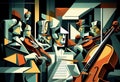 Group of orchestral musicians playing musical string instruments in an abstract cubist style music painting