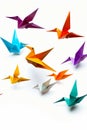 Group of origami birds flying in the air together. Generative AI Royalty Free Stock Photo
