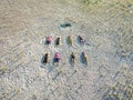 group outdoor yoga meditation class aerial view Royalty Free Stock Photo