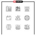 Group of 9 Outlines Signs and Symbols for danger, date, seo, calender, cinema