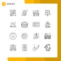 Group of 16 Outlines Signs and Symbols for hotel, education, symbol, bulb, office table