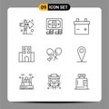 Group of 9 Outlines Signs and Symbols for location, sports, apartment, racket, travelling