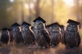A group of owls is celebrating their graduation from university. AI generative image.