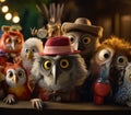 A group of owls with hats and other accessories standing next to eachother, AI