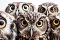 Group of owls isolated on a white background. Shallow depth of field generative ai