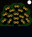 Illustration Digital Owls Night Scene Tree Shining Eyes Full Moon Copy Space Template Blank