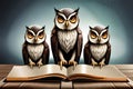 Group Owls Reading Book In Class, Wisdom And Knowledge Concept. Generative AI