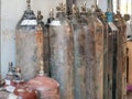 Group of oxygen cylinder tank with compressed gas for industrial use in the factory. Royalty Free Stock Photo