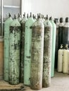 Group of oxygen cylinder tank with compressed gas for industrial use in the factory. Royalty Free Stock Photo