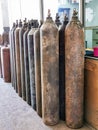 Group of oxygen cylinder tank with compressed gas for industrial use in the factory. Royalty Free Stock Photo