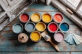 A group of paint cans and paint brushes on a wooden table Royalty Free Stock Photo