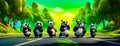 Group of panda bears riding on top of each other on road. Generative AI