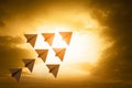 Group paper plane sunset on 3d illustrations Royalty Free Stock Photo