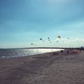 Group of paragliders flying over the sea on a sunny day