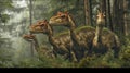 A group of Parasaurolophus huddled together in a clearing their loud honking cries alerting each other to potential