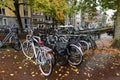 Parked Bikes in a Rainy Autumn Scene in the Grachtengordel West Neighborhood of Amsterdam Royalty Free Stock Photo