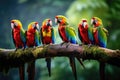 group of parrots showcasing a rainbow of vibrant colors as they sit together on a perfectly balanced tree branch, A group of