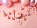 Group of party balloons gift box, confetti, cakes, candles, cupcakes, celebration happy birthday, pink color, flat, top down