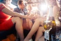 Group of party people in a limo drinking Royalty Free Stock Photo