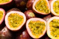 Group of passion fruits and its cross section with seeds