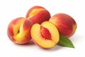 A group of peaches, with one peach cut in half, showcasing the juicy and vibrant interior, Three perfect, ripe peaches with a half