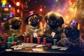 Group of Pekingese sitting in front of a table with poker chips, Tibetan Spaniel puppies playing poker in vegas. All colorful Royalty Free Stock Photo