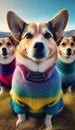 Pembroke Welsh Corgi dogs posing for a selfie dressed in colorful sweaters