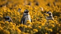 a group of penguins in a field of yellow flowers