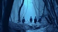 Group of penguins in a foggy forest, Blue toned