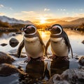 A group of penguins huddled together on an icy shore.