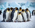 A group of penguins huddling together for warmth in the Antarctic snow Royalty Free Stock Photo