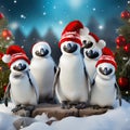 group of penguins at the north pole wearing funny red santa claus hats.