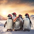 group of penguins at the north pole wearing funny red santa claus hats.