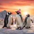 group of penguins at the north pole wearing funny red santa claus hats.