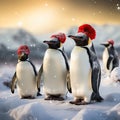 group of penguins at the north pole wearing funny red santa claus hats