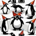 A group of penguins in party hats and tuxedos, raising their flippers as they count down to the New Year1 Royalty Free Stock Photo