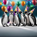 A group of penguins in party hats and tuxedos, raising their flippers as they count down to the New Year5