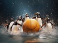 A group of penguins playing basketball in the water. Generative AI image.