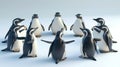 A group of penguins sitting in a circle each one with a different yoga pose trying to outdo each other in a silly