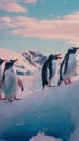 Group of penguins stand on an Antarctic glacier among rocks Royalty Free Stock Photo