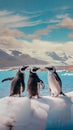 Group of penguins standing on an iceberg, observing the desert shore below Royalty Free Stock Photo